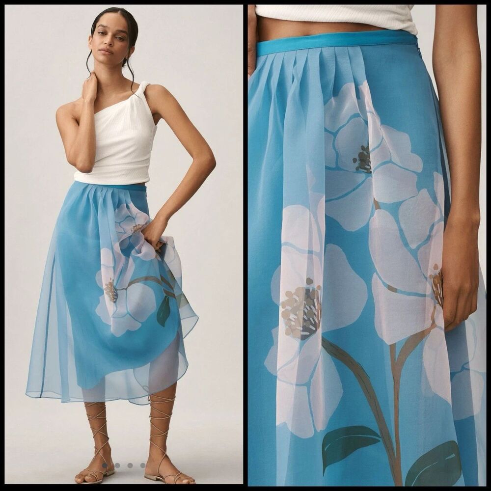 Farm Rio x Anthropologie Floral Organza Midi Skirt XL Tulle Ballet Blue